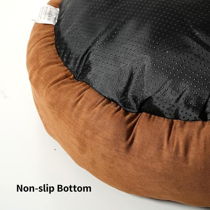 28"x28"x8" Round Dog and Cat Bed, Cozy Oval Dog Bed with Anti-Slip Bottom and Neck Support Pillow, Washable Kitten Bed for Indoor Small Medium Dogs Cats(Brown, Large)