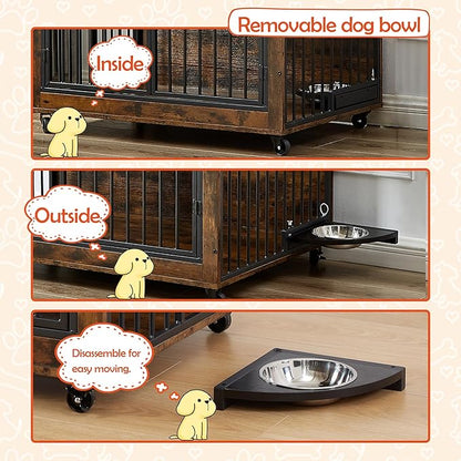 NicBex Dog Crate Furniture Dog Cage with 3 Doors and Rotatable Feeding Bowl