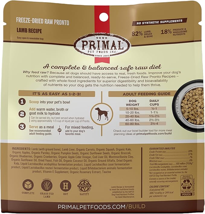 Primal Freeze Dried Dog Food Pronto, Lamb; Scoop & Serve, Complete & Balanced Meal; Also Use as Topper or Treat; Premium, Healthy, Grain Free, High Protein Raw Dog Food (16 oz)