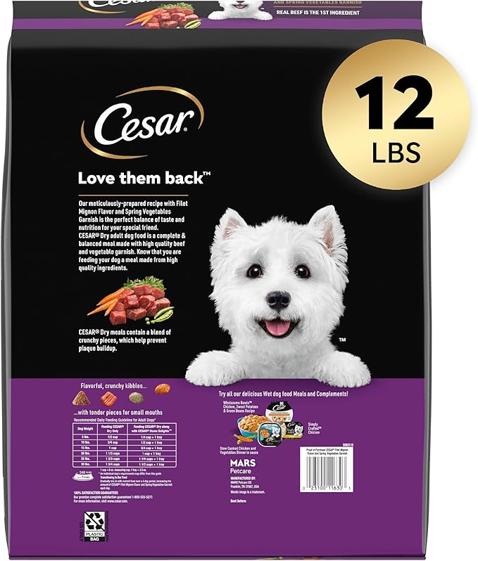 Cesar Small Breed Adult Dry Dog Food Filet Mignon Flavor with Spring Vegetables Garnish Dog Kibble, 12 lb. Bag (Pack of 2)