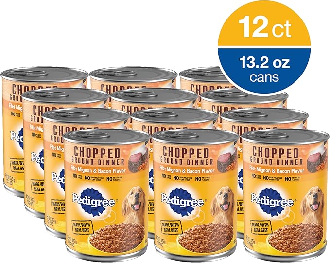 PEDIGREE CHOPPED GROUND DINNER Adult Canned Soft Wet Dog Food, Filet Mignon & Bacon Flavor, 13.2 oz. Cans (Pack of 12)