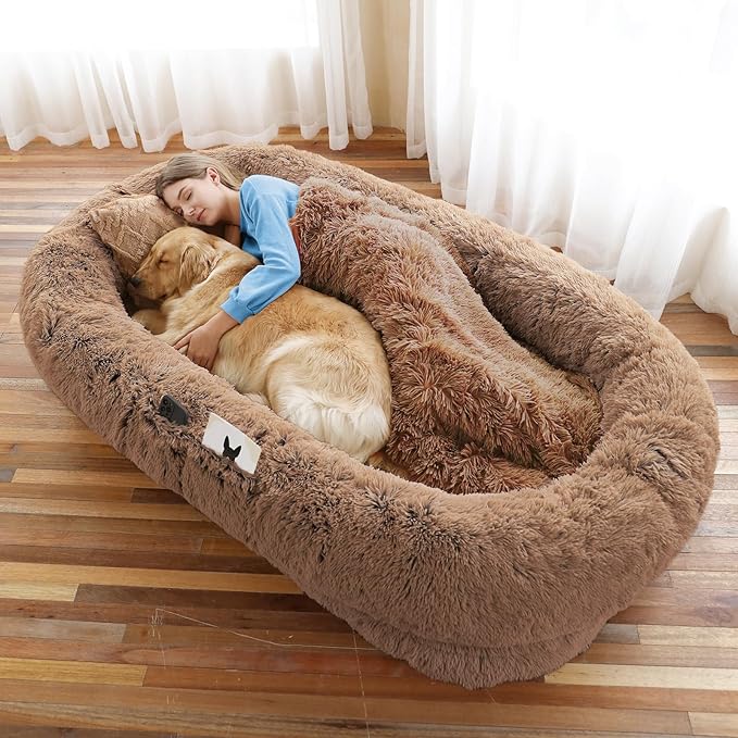 𝗛𝘂𝗺𝗮𝗻 𝗗𝗼𝗴 𝗕𝗲𝗱, Large Dog Beds for Humans Size Fits You and Pets, Washable Faux Fur Orthopedic Human Dog Bed for People Doze Off, Napping, Present Pillow, Blanket, Strap - Khaki