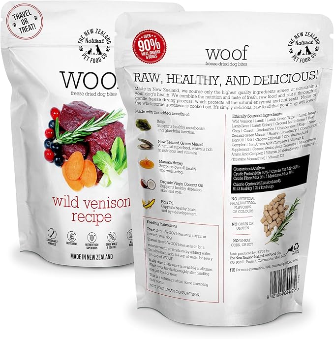 Woof Freeze Dried Dog Food - Wild Venison, High Protein, Dog Food Topper & Dog Treats, All Life Stages, 1.76 oz