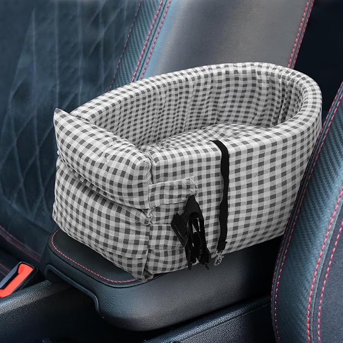 X AUTOHAUX Plaid Style Dog Car Seat Adjustable Straps for Medium Small Sized Puppy Cat Seat Pets Soft Non Slip Bottom Travel Bed Black White