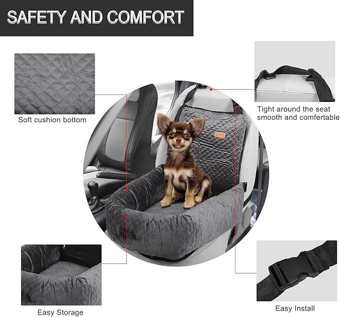 X AUTOHAUX Car Dog Bed Cat Seats Booster Seat Flannel Puppy Bed Back Car Dog Seat for Travel Safety Carseat/Carrier Detachable Washable Cover with Seat Belt for Medium Small Sized 5-15 lb