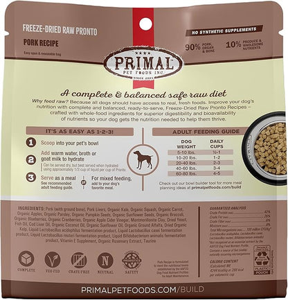 Primal Freeze Dried Dog Food Pronto, Pork; Scoop & Serve, Complete & Balanced Meal; Also Use As Topper or Treat; Premium, Healthy, Grain Free, High Protein Raw Dog Food (16 oz)