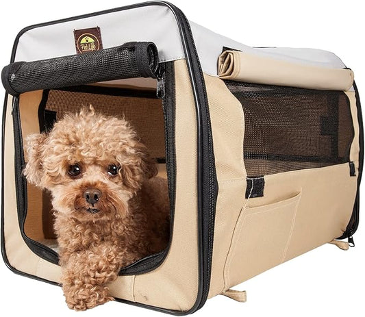 PET LIFE 'Easy Folding' Zippered Folding Collapsible Wire Framed Lightweight Pet Dog Crate Carrier, Small, Khaki