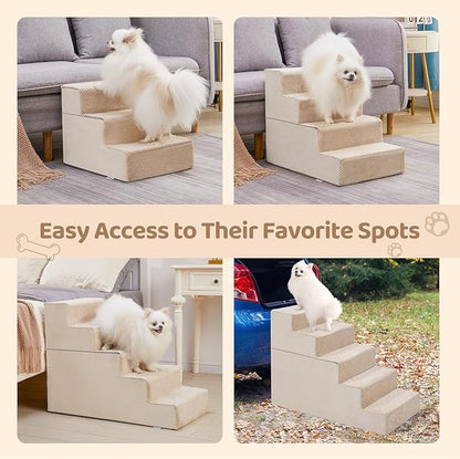 4-Step Dog Stairs, 18'' H Dog Stairs for High Beds, Non-Slip Bottom Pet Stairs for Small Dogs and Cats, Indoor Pet Steps Dog Ramp for Bed, Beige