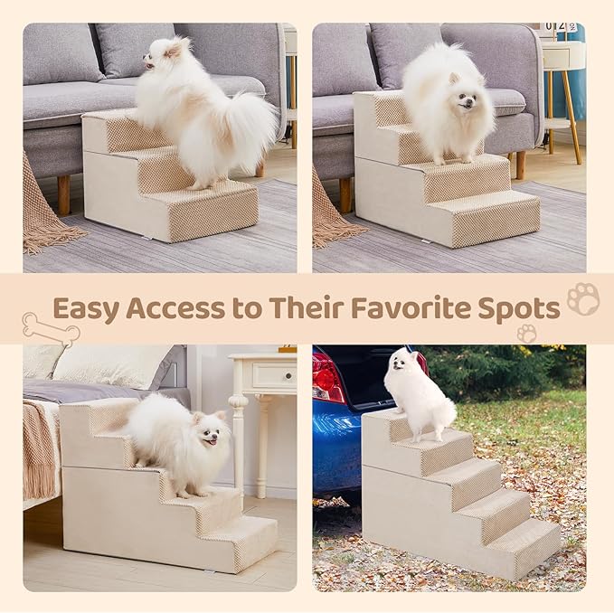 5-Step Dog Stairs, 22.5'' H Dog Stairs for High Beds, Non-Slip Bottom Pet Stairs for Small Dogs and Cats, Indoor Pet Steps Dog Ramp for Bed, Beige