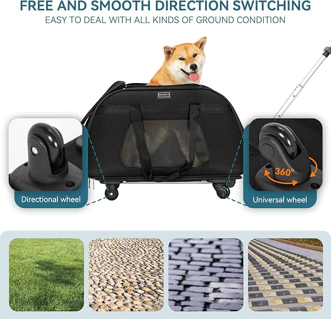 PETSFIT Extra Large Pet Carrier with Wheels Designed for 2 Small Dogs/Multiple Kittens/Medium Dogs with Adjustable Safety Rope & Waterproof Bottom (𝑵𝒐𝒕 𝑨𝒊𝒓𝒍𝒊𝒏𝒆 𝑨𝒑𝒑𝒓𝒐𝒗𝒆𝒅)