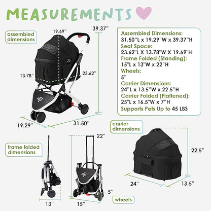 Petique 3-in-1 Newport Pet Stroller (Travel Carrier + Car Seat + Stroller) 360º Front 45LBS –