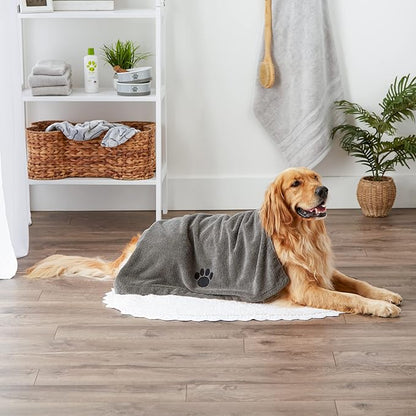 Bone Dry Pet Grooming Towel Collection Absorbent Microfiber X-Large, 41x23.5", Embroidered Gray