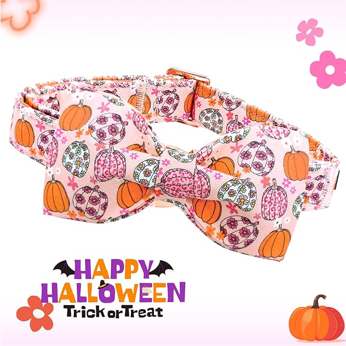 Lionheart glory Fall Dog Collar with Bowtie Halloween Pumpkin Dog Collars Bow Tie Heavy Soft Adjustable Collar for Large Dogs Thanksgiving Day Dog Bow Collar Pet Gift