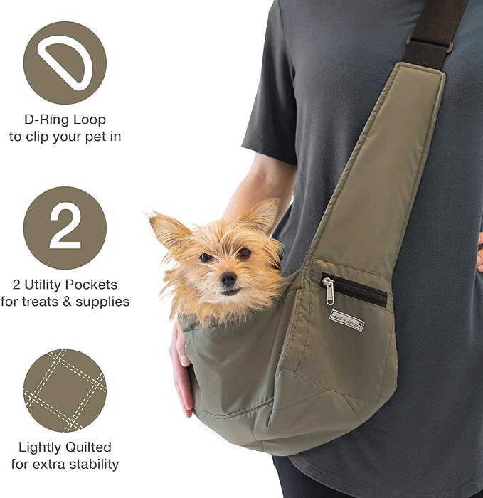 Cloak & Dawggie Dog Sling Carrier Tiny XXS Extra Extra Small Dogs, Puppy Toy Teacup Wearable Adjustable Pet Cross Body Shoulder Bag Waterproof Nylon Travel My Canine Kids (8722) (4-8 lbs, Olive)