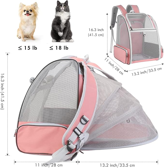 Cat Carrier Expandable Backpack, Airline Approved Pet Carriers for Small Dogs, Large Cat Bag Carrier, Foldable Collapsible Travel Bookbag for Carrying Cats Puppy Kitten Bunny Bird Chicken (Pink)