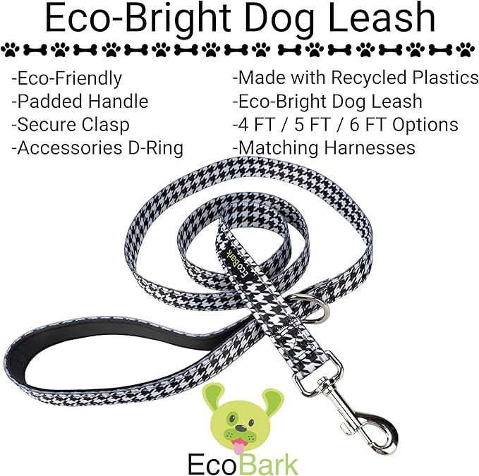 EcoBark Dog Leash - 4 FT / 5 FT / 6 FT Reflective Dog Leash- Eco-Bright Dog Leashes with Padded Handle - Strong Heavy Duty Dog Leash - Nylon Dog Leash for Medium and Large Dogs (Houndstooth Dog Leash)