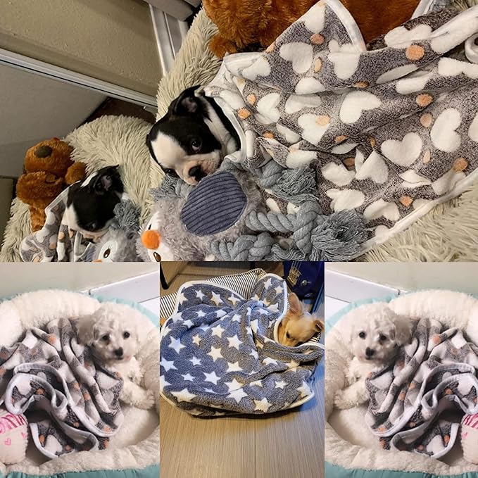 1 Pack 3 Puppy Blankets Super Soft Warm Sleep Mat Grey Cute Print Fluffy Fleece Pet Flannel Throw Dog Blankets for Small Dogs Cats,Star&Bone&Love-Medium(29"x20")