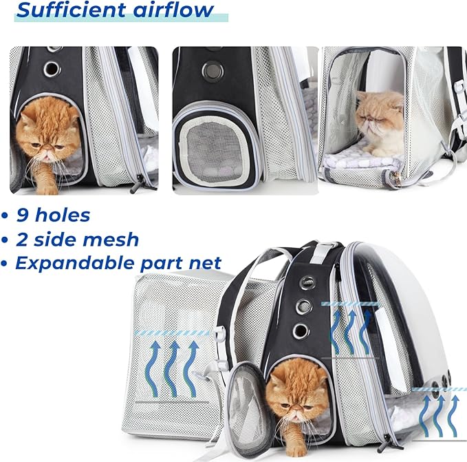 Lollimeow Cat Carrier Backpack, Bubble Dual Expandable Backpack Carrier, Pets and Small Dogs,Airline-Approved, Designed for Travel, Hiking, Walking & Outdoor Use (Dual Expandable-Black)