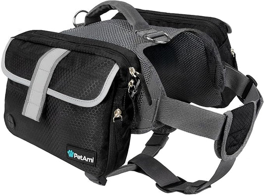 PetAmi Dog Backpack Saddle Bag for Medium Large Dogs, Dog Saddlebag for Dogs to Wear, Harness Saddlebag for Hiking with Reflective Safety Side Pockets, Vest Dog Pack for Camping Travel (Black, Medium)