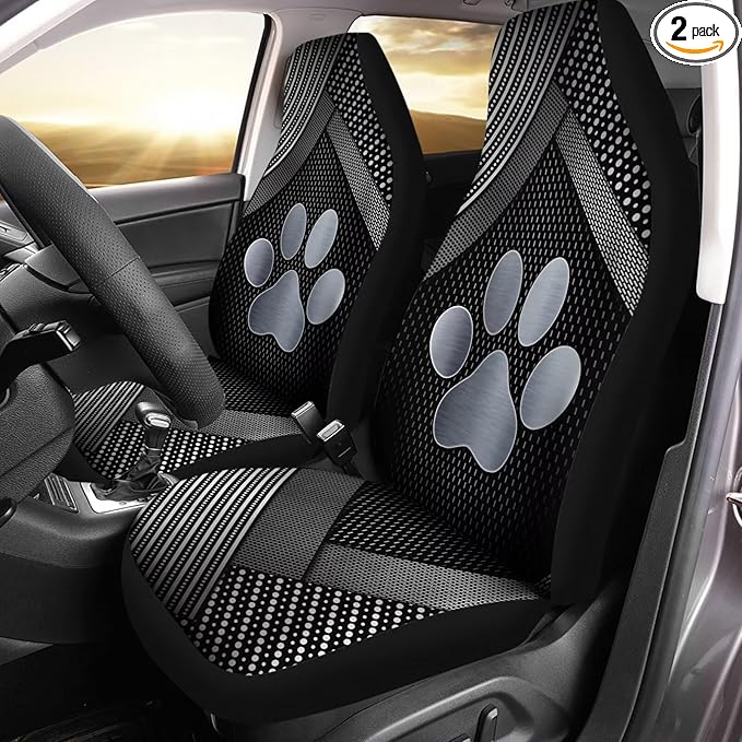 Silver Metal Dog Paw Print Car Front Seat Covers Full Set of 2