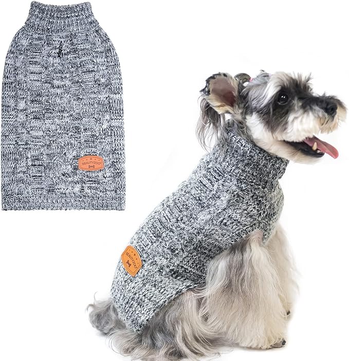 BEAUTYZOO Small Dog Sweater -Turtleneck Pullover Classic Cable Knit Fuzzy Winter Coat Dog Cold Weather Clothes for Small Medium Dogs Puppy Girl Boys(Retro Grey, XS)