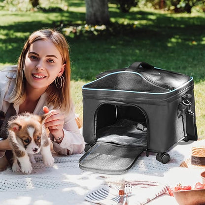 Airline Approved Cat Dog Carrier w Silent Wheel, Pet Carriers for Small Dogs Cats, Soft Travel Carrier Bag w Handle and Shoulder,Ideal for Outdoor (Black)