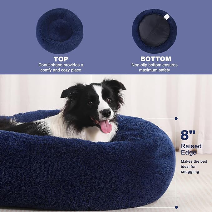 36" Calming Dog Bed with Removable Cover,Anti Anxiety Donut Dog Bed,Plush Round Pet Beds for Large Dogs,Fluffy Faux Fur Dog Bed,Washable Cuddler Dog Bed(Dark Blue,Large)