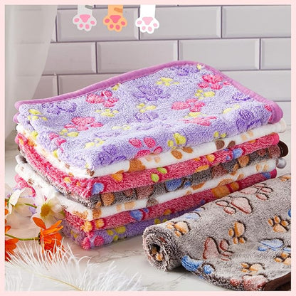 8 Pieces Puppy Blanket Dog Blanket Fleece for Medium Small Dogs Soft Flannel Throw Pet Pad Paw Print Sleep Mat Bed Cover for Dogs Cats Pets Cage