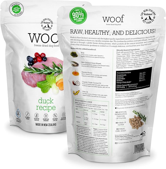 WOOF Duck Freeze Dried Raw Dog Food, Mixer, or Topper, or Treat - High Protein, Natural, Limited Ingredient Recipe 9.9oz