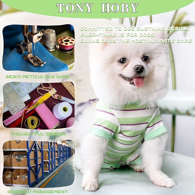 TONY HOBY Dog Pajamas, Dog Jumpsuit 4 Legged Pajamas with Green Stripe, Female Dog Pajamas Pet Clothes for Small Medium Size Dog (Green&White, Girl, L)