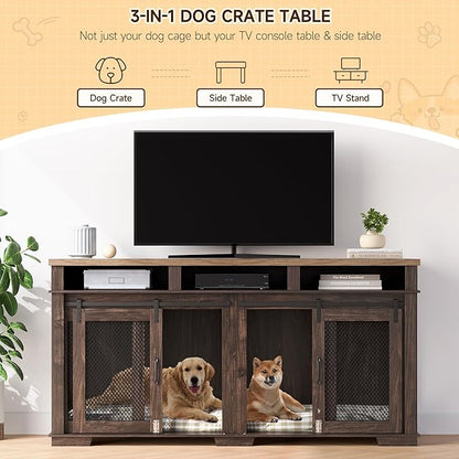 Dog Crate Furniture 71" Heavy 3 Storage 2 Dogs, 2 Sliding