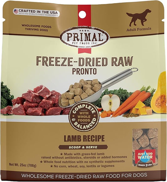 Primal Freeze Dried Dog Food Pronto, Lamb; Scoop & Serve, Complete & Balanced Meal; Also Use as Topper or Treat; Premium, Healthy, Grain Free, High Protein Raw Dog Food (25 oz)