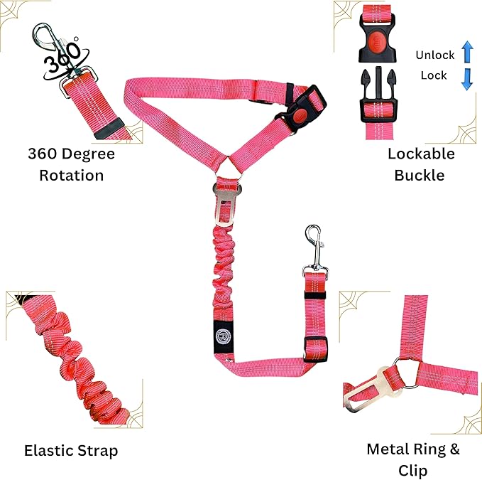 Reflective 2 in 1 Dog, Puppy and Cat Stretchable, NonChew, Indestructible Seat Belt Harness Leash and Headrest Collar Accessary for Vehicle, Pet Safety, Nylon, Heavy Duty and Elastic (Pink)