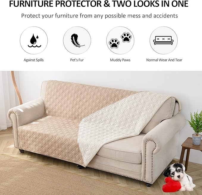 Waterproof Dog Bed Covers for Couch Protection Dog Pet Blanket Furniture Protector (82"x102",Beige+Ivory)