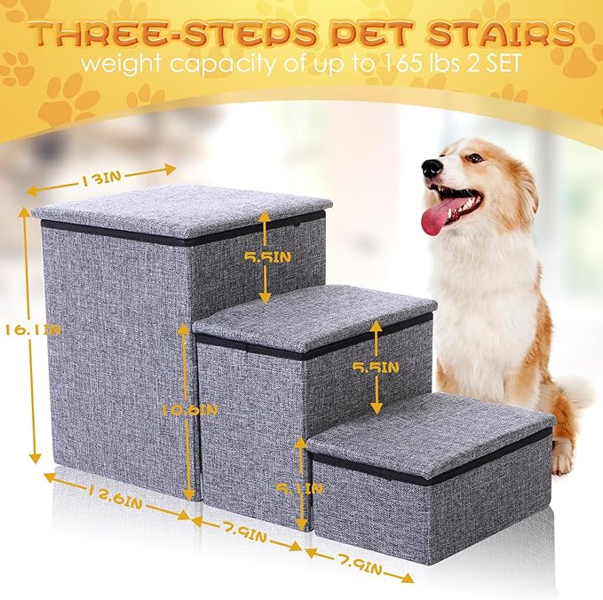 Wenqik 2 Set Dog Stairs for Small Dogs 16.1 h Dog Steps for High Beds 3 Steps Foldable Stairs with Storage for Couch Sofa and Chair Non Slip Balanced Dog Indoor Step Cat Dog Ramp Hold up to 165 Lbs