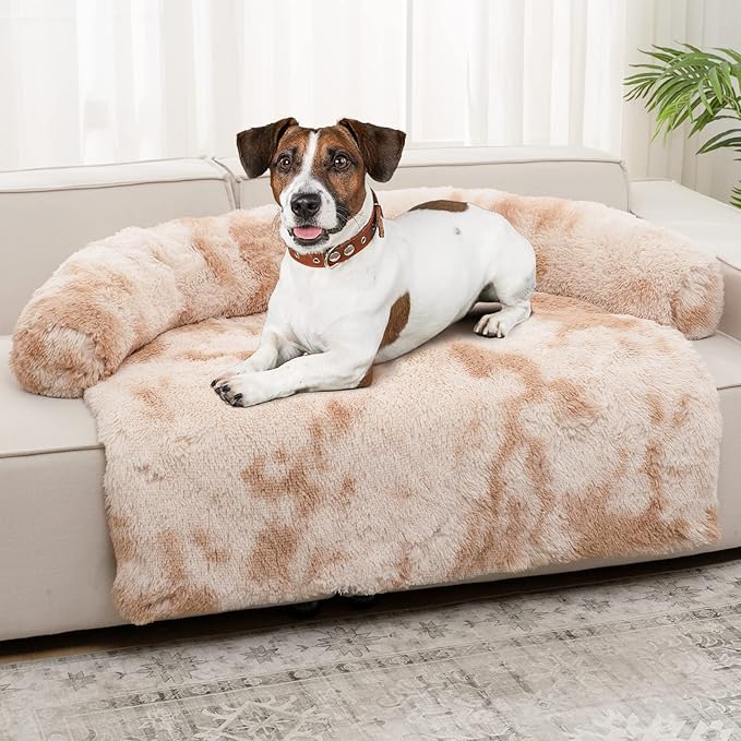 Syalife Shaggy Plush Calming Dog Couch Bed Pet Protector Cover(35"x31"x5", Moka/White)