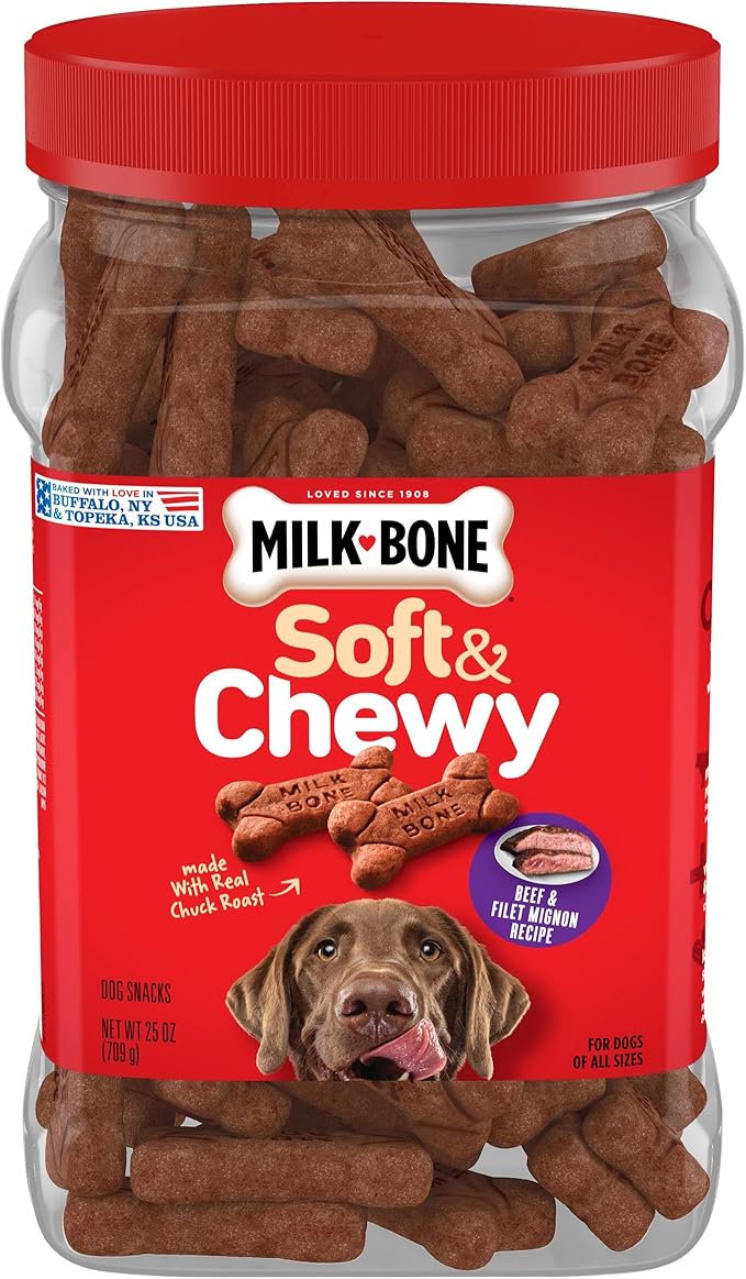 Milk-Bone Soft & Chewy Dog Treats Bundle: Beef & Filet Mignon Recipe 25 Ounce + Real Bacon 25 Ounce