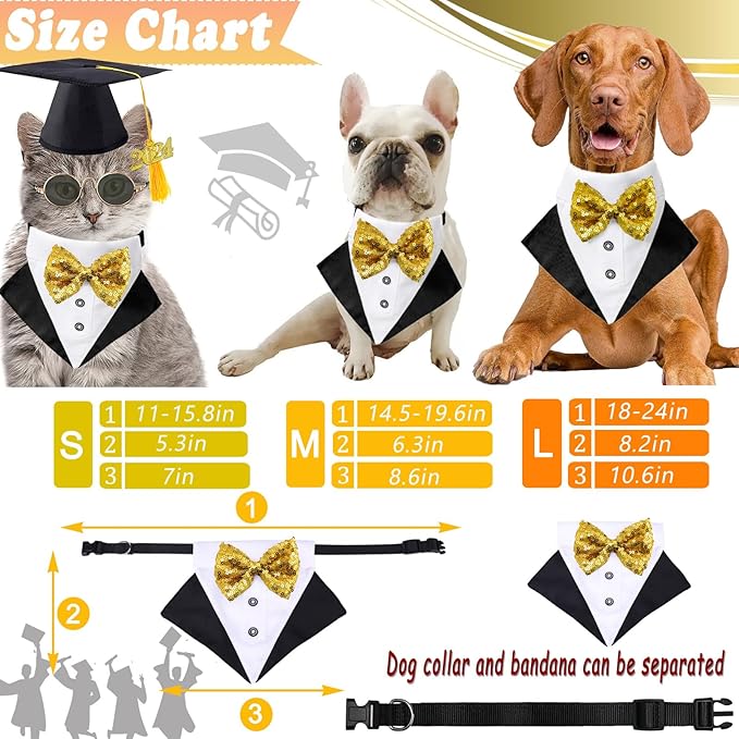 Pet Graduation Cap Dog Bandanas Collar Costume 3Pack Graduation Hat Triangle Scarf Grad Outfit Accessory for Dogs Cat Formal Tux Clothes with Bowtie Holiday Party Apparel (3PCS Gard Tux Set, Medium)