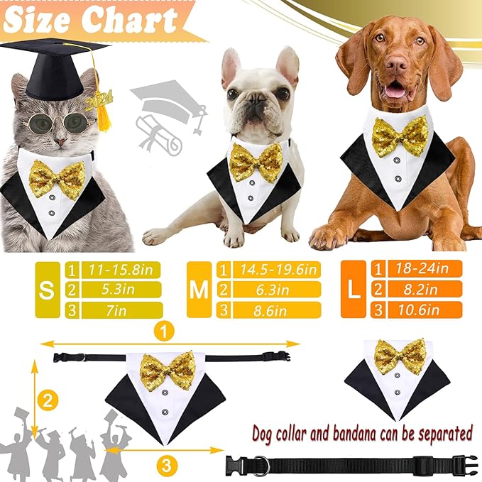 Pet Graduation Cap Dog Bandanas Collar Costume 3Pack Graduation Hat Triangle Scarf Grad Outfit Accessory for Dogs Cat Formal Tux Clothes with Bowtie Holiday Party Apparel (3PCS Gard Tux Set