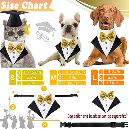 Pet Graduation Cap Dog Bandanas Collar Costume 3Pack Graduation Hat Triangle Scarf Grad Outfit Accessory for Dogs Cat Formal Tux Clothes with Bowtie Holiday Party Apparel (3PCS Gard Tux Set