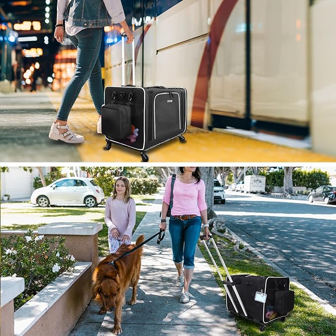 Petskd Large Pet Carrier with Wheels 24"x17"x17" for Large Cats, Pet Carrier for 2 Cats or Medium Dog, Cat Carrier for Car Travel with Litter Box and Bowl, Cat Soft Carrier with Locking Safety Zipper