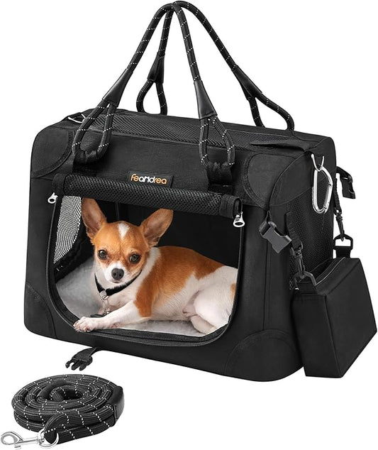 Feandrea Airline Approved Small Dog Carrier, Collapsible Pet Travel Carrier, Size S, with Metal Frame, Leash, Pocket, for Cats and Small Dogs up to 13 lb, 17 x 12 x 12 Inches, Classic Black UPDC004B01