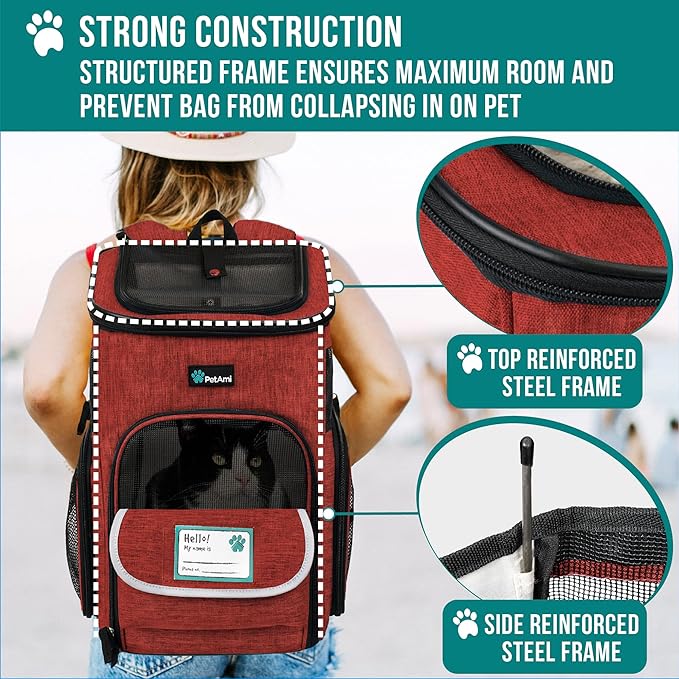 PetAmi Dog Backpack Carrier, Airline Approved Cat Backpacks for Carrying Small Large Cats, Pet Carrier Back Pack, Ventilated Soft Sided for Travel, Hiking, Camping, Max 18 lbs, Red