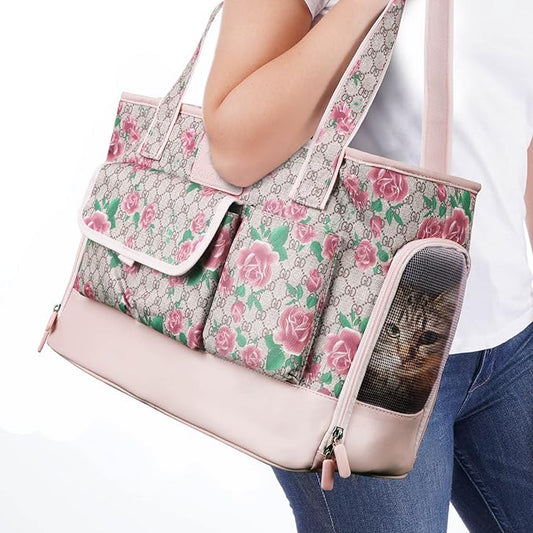 Dog Carrier, Cat Carrier, Pet Carrier, Foldable Waterproof Premium PU Leather Oxford Cloth Dog Purse, Portable Tote Bag Carrier for Small to Medium Cats and Small Dogs (Flower Pattern)