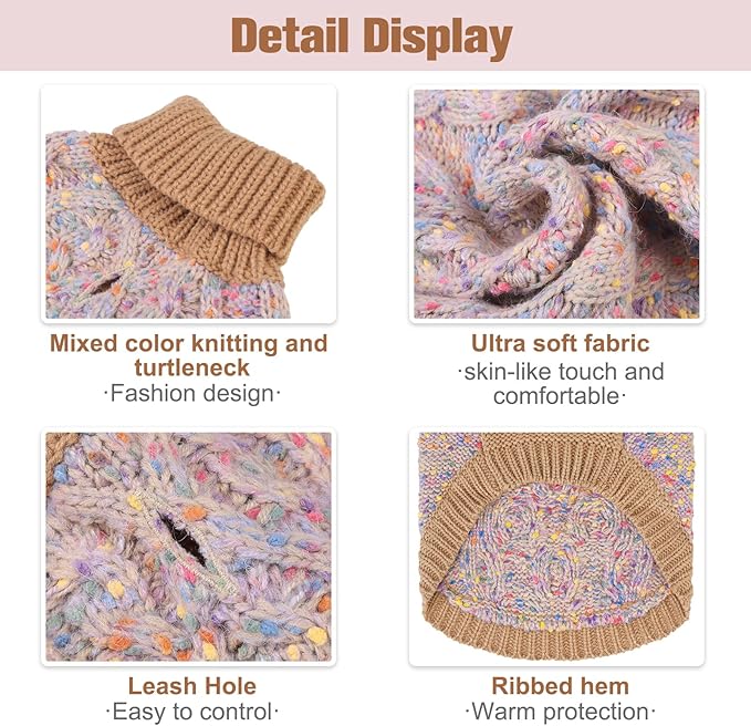BEAUTYZOO Cable Knit Small Dog Sweater, Color Block with Fuzzy Thread Knitted Turtleneck Dog Knitwear with Dots in a Variety of Colors for Small Medium Dogs Fall Winter Dog Clothes, SM Beige
