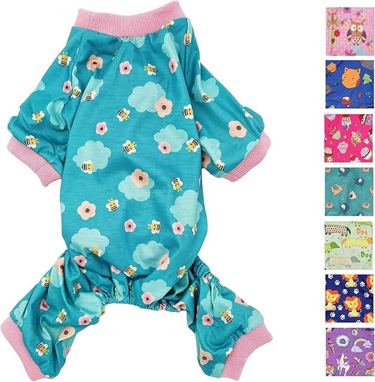 Dog Pajamas Soft COTTON Blend Jumpsuit Cute Pet Clothes for Small Medium Pet (Light Blue Bees 15", Chest 18" - 22")