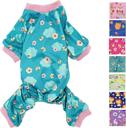 Dog Pajamas Soft COTTON Blend Jumpsuit Cute Pet Clothes for Small Medium Pet (Light Blue Bees, L: Length 18", Chest 22" - 26")