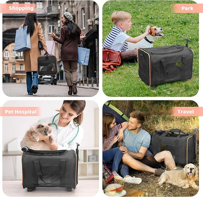 Cat Dog Carrier with Wheels, Airline Approved Pet Carrier for Small Dogs, Soft Sided Pet Travel Carrier with Telescopic Handle and Shoulder Strap (Black)