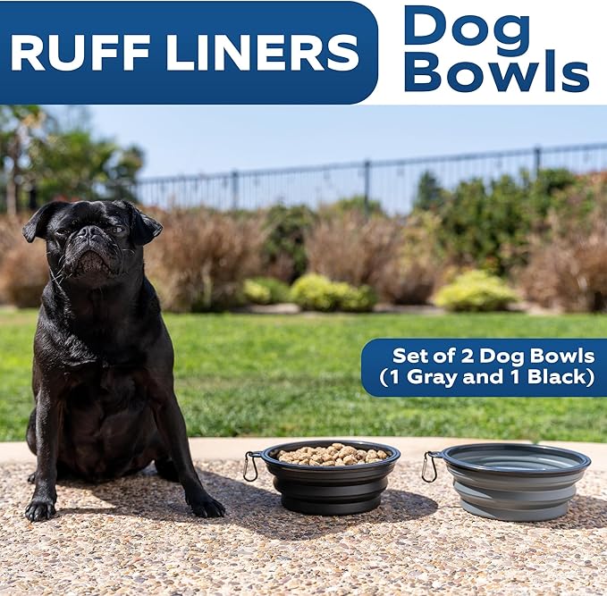 Set of 2 Collapsible Dog Bowls for Travel, 1500ml Portable Dog Bowl for Food and Water - Gray and Black, Easy to Clean, BPA-Free, with Carabiner - Ideal for All Breeds and Sizes