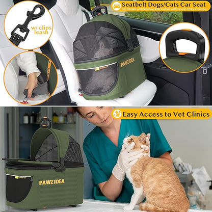 PAWZIDEA Double Pet Stroller for 2 Cats Dogs Small & Medium, TSA Airline Approved Cat Carrier Expandable, Cat Stroller with Removable Carrier Bag, 2 Dog Stroller Detachable Carrier, Travel Car Seat